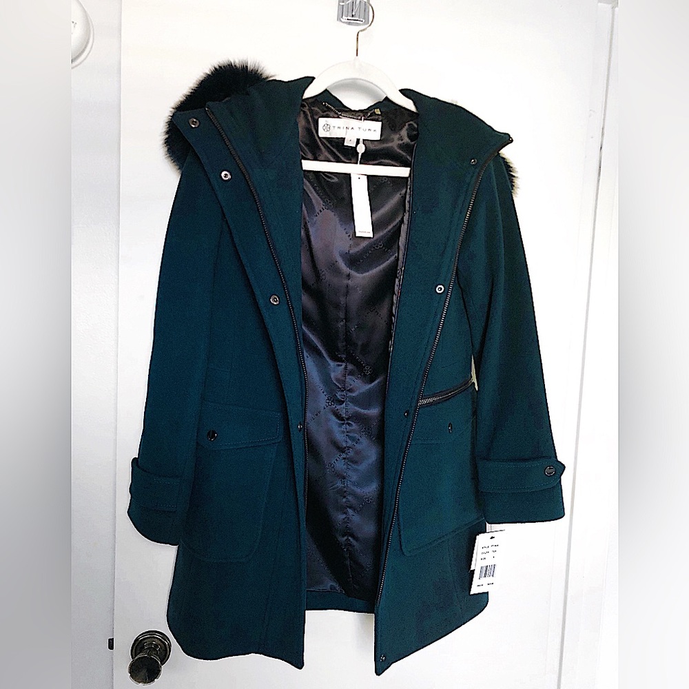 Trina Turk - Teal wool coat with fur trimmed hood